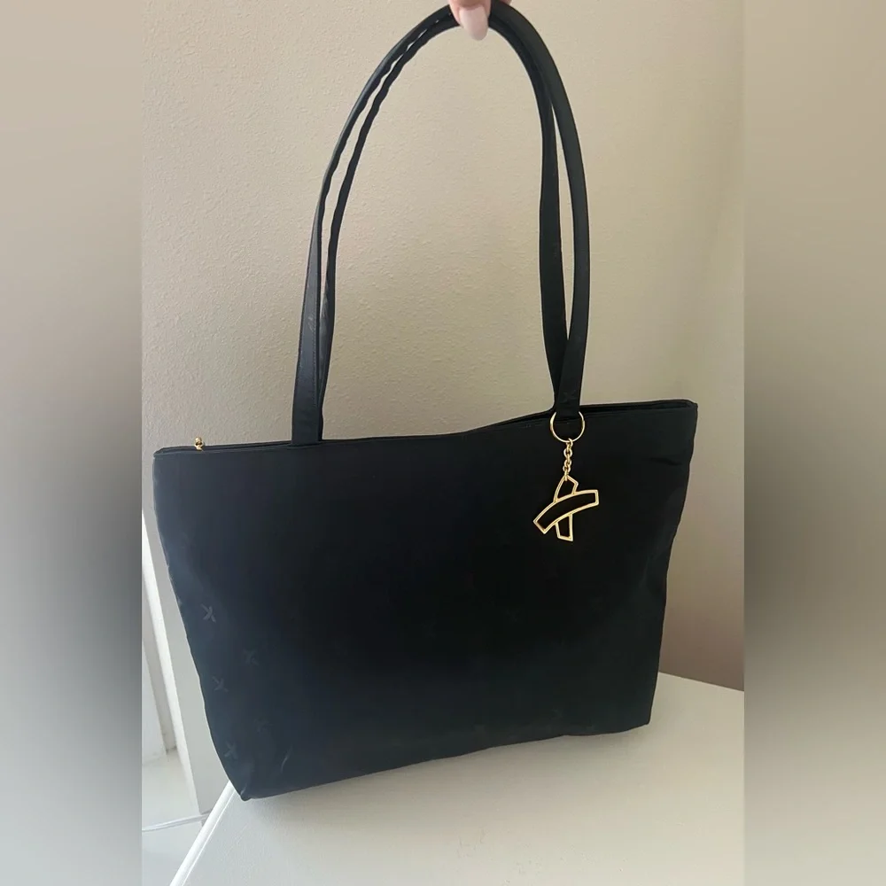 Paloma Picasso | Black Nylon Fabric Travel Work Tote | Gold Bag Charm